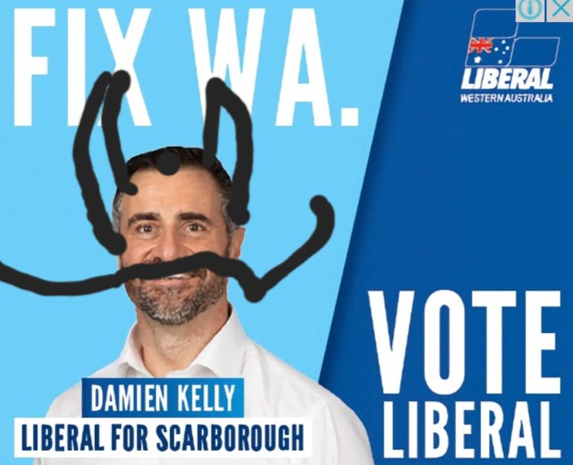 WA election sign for Damien Kelly which has been defaced (improved) with devil horns & epic moustache