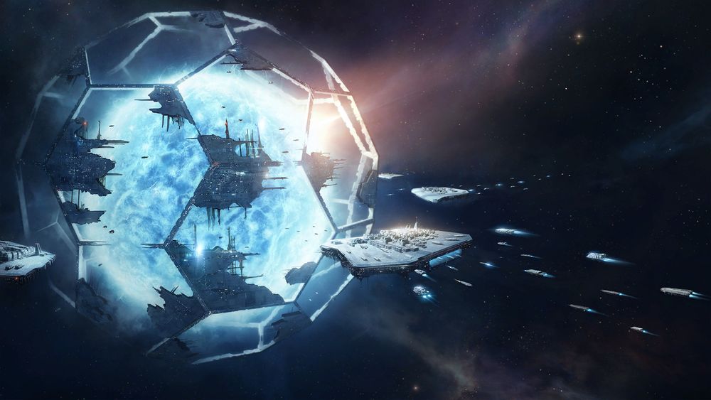 the frame of a dyson sphere in construction around a blue star, implausibly massive plates being flown in with accompanying spaceships
