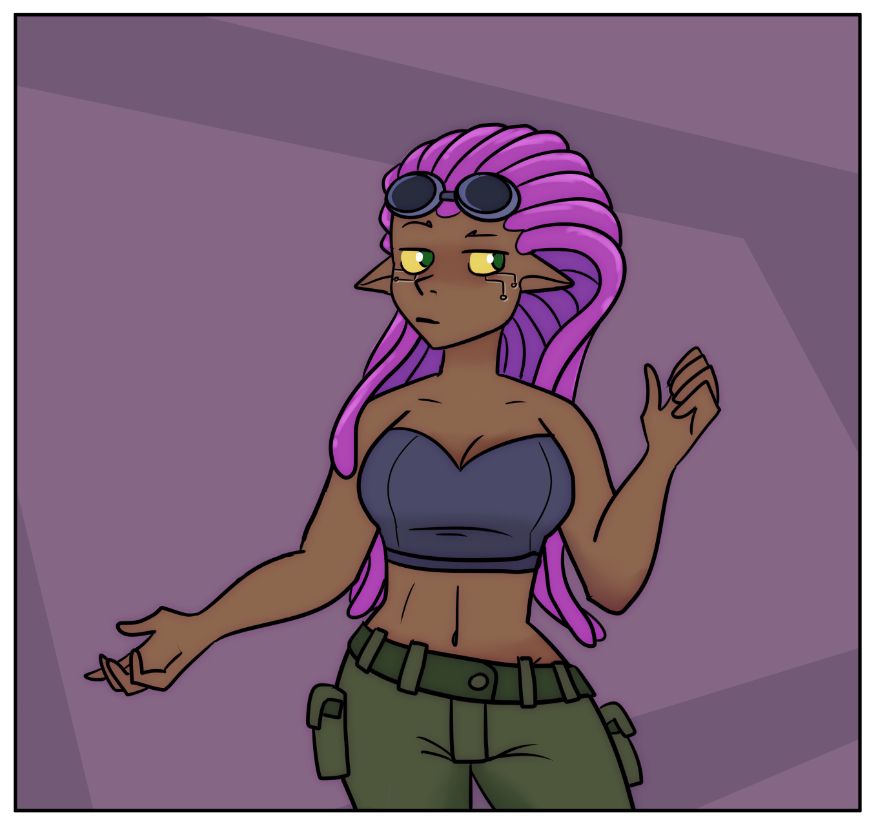 dark-skinned female humanoid with goggles, minor circuit lines around the eyes, purplish tendrils for hair, and excessive chestal dimensions