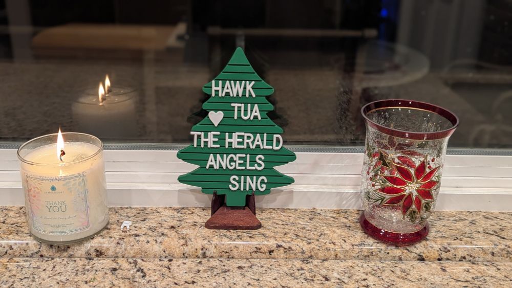 three decorative objects lined up on a windowsill: a scented candle, a glass vase with a red poinsettia flower on it, and in the middle, a plastic Christmas tree shaped make-your-own-message board with the message "hawk tuah the herald angels sing"