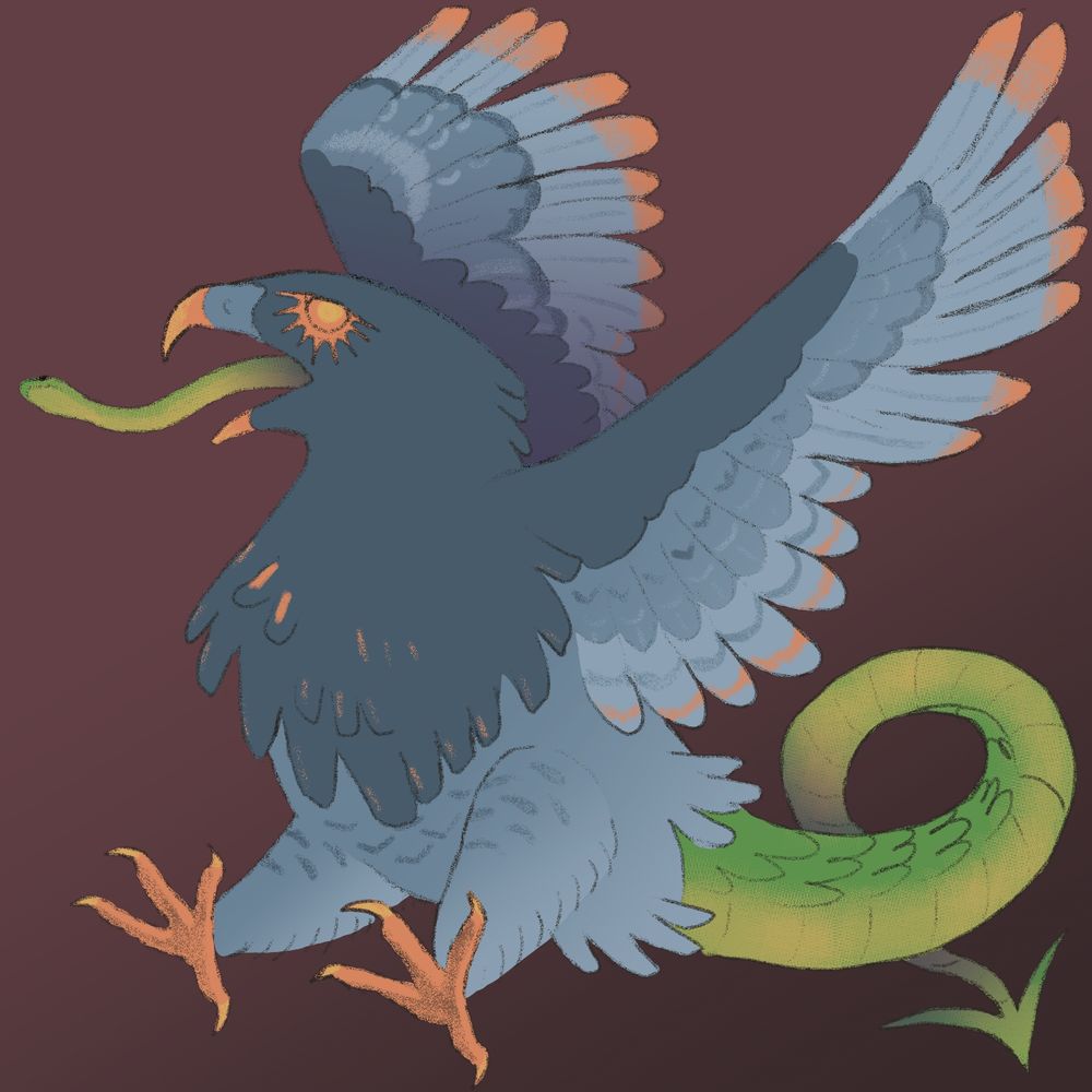 a big blue bird-type monster with fiery, sunlike eyes and a snake for a tongue. it has a reptilian tail with a forked tip and has its talons open, ready to swoop