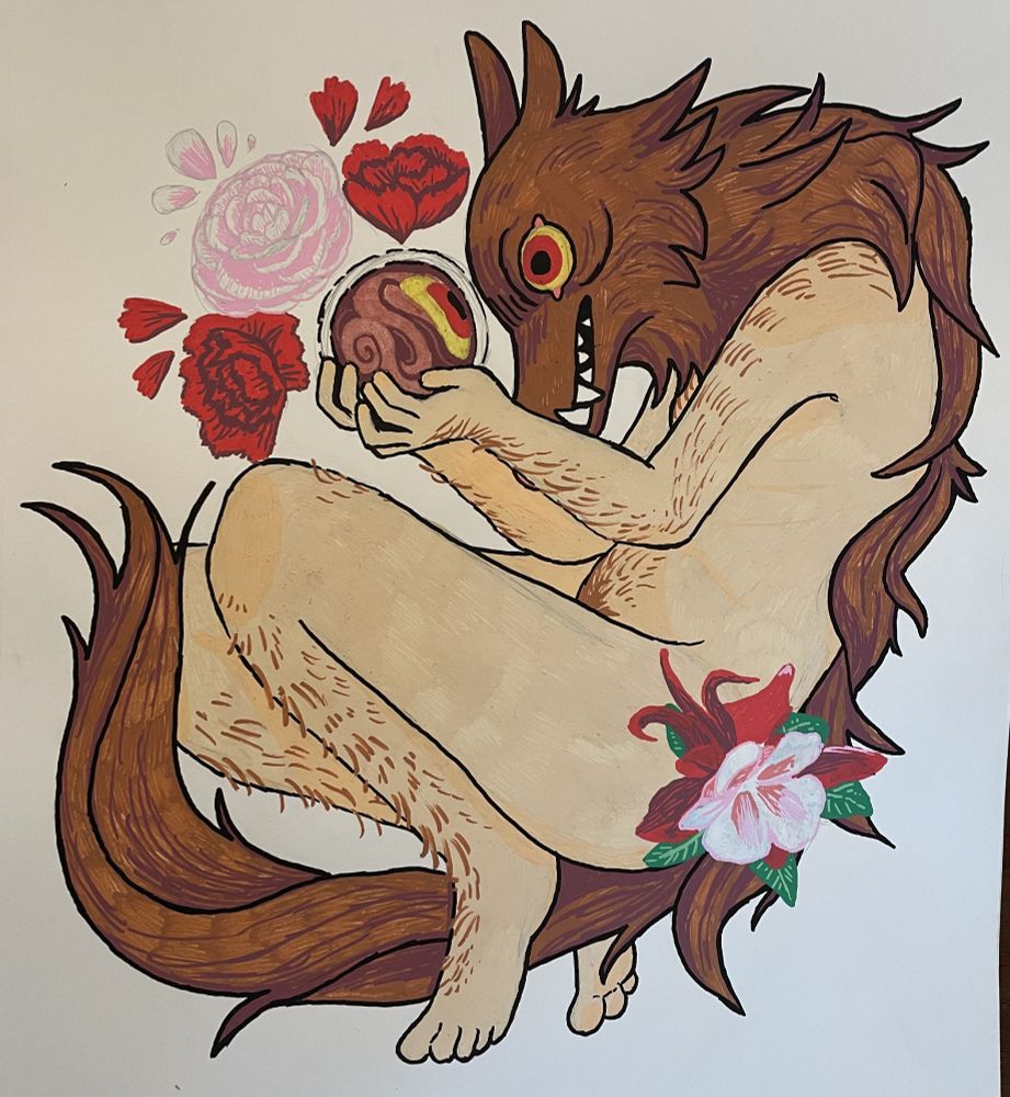 the same hairy thing with a wolf head, peering into a weird orb. theres some random flowers around that look kinda shit (they were part of a requirement) 