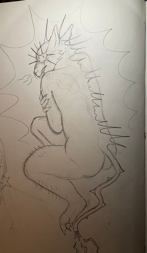 A humanoid figure with the head of a cat, partially curled up and viewed from behind. It is grabbing its own shoulders and grimacing. Its eye has jagged spark-like lines coming from it, as does its entire spine. Its hair/hackles are raised and ears are back. The tail is a jagged wire, which can be seen underneath the skin in their arms and back 