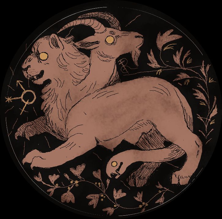 a black circle with a brown chimera in the middle, surrounded by floral elements. the trans symbol is in front of it. The lion head looks forward, the goat head is looking backwards, and the snake tail is tucked between its legs. 