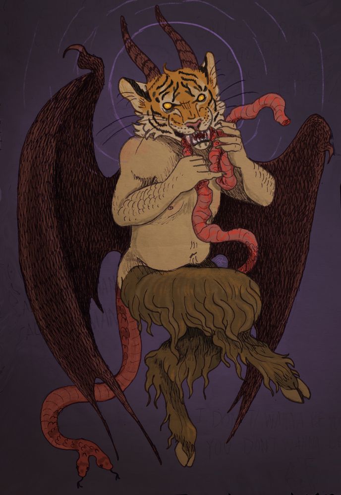 A creature with a human’s torso, a horned tiger head, goat legs, and a double-headed snake tail. It has dark red wings and is biting into intestines that it holds in its clawed hands. 