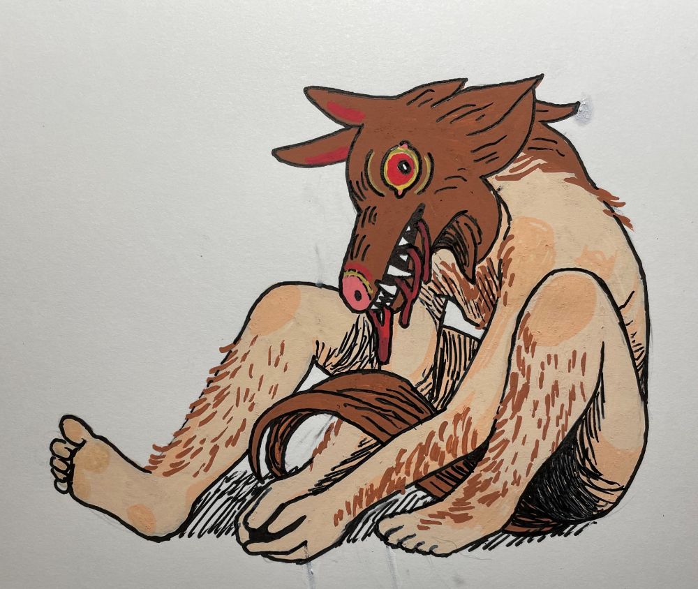 a hairy human figure with a wolf head, hunched over on the ground. it has a big yellow and red eye.