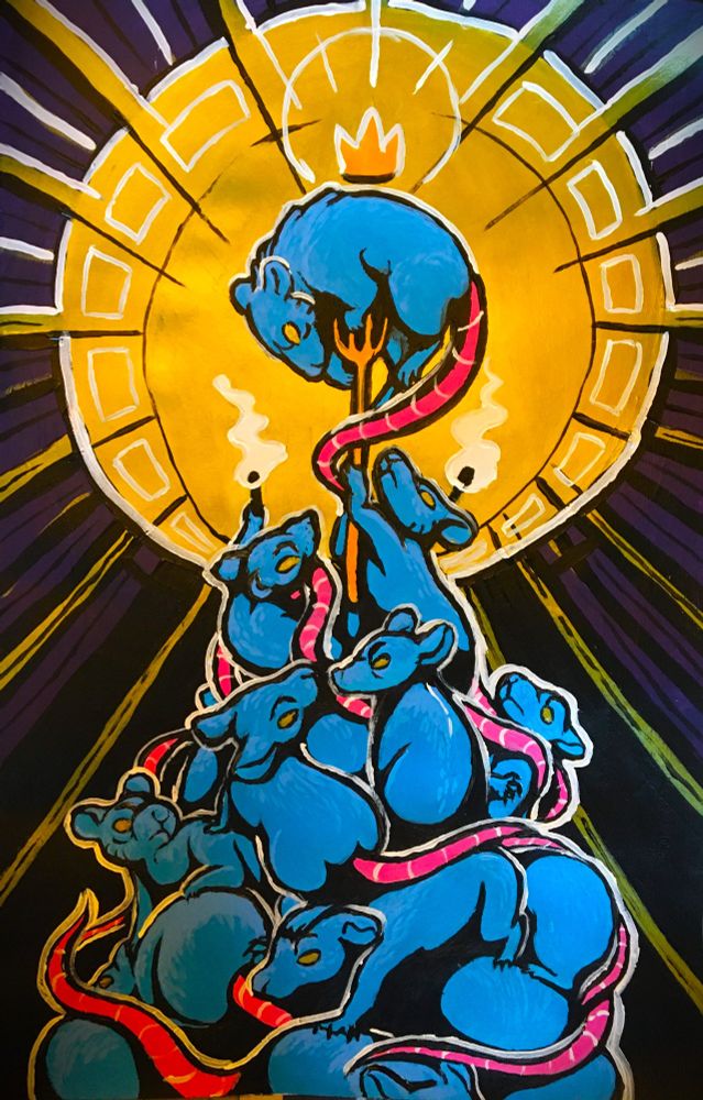 An acrylic painting made back in 2020. A pile of blue rats coming together to skewer the rat king on a pitchfork, while others hold torches. There is a bright yellow circle framing the king with lines coming out, over a dark purple background. 