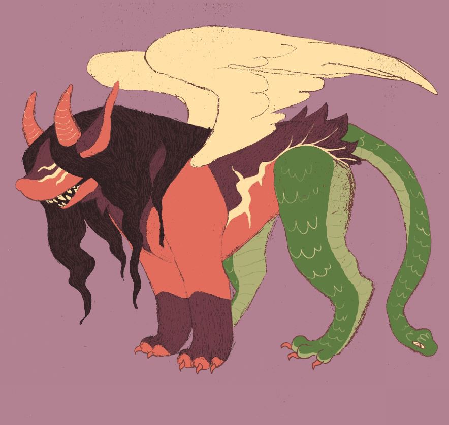 a chimera thing. It has red horns, long ears, and sharp teeth in a mouth slightly hanging open. Instead of eyes it has 3 yellow cracks in its face. It has a long wavy mane running down its back and lionish front paws. Another yellow crack runs down its side and to its leg, which is dragoney. It has a snake tail and yellow wings. 