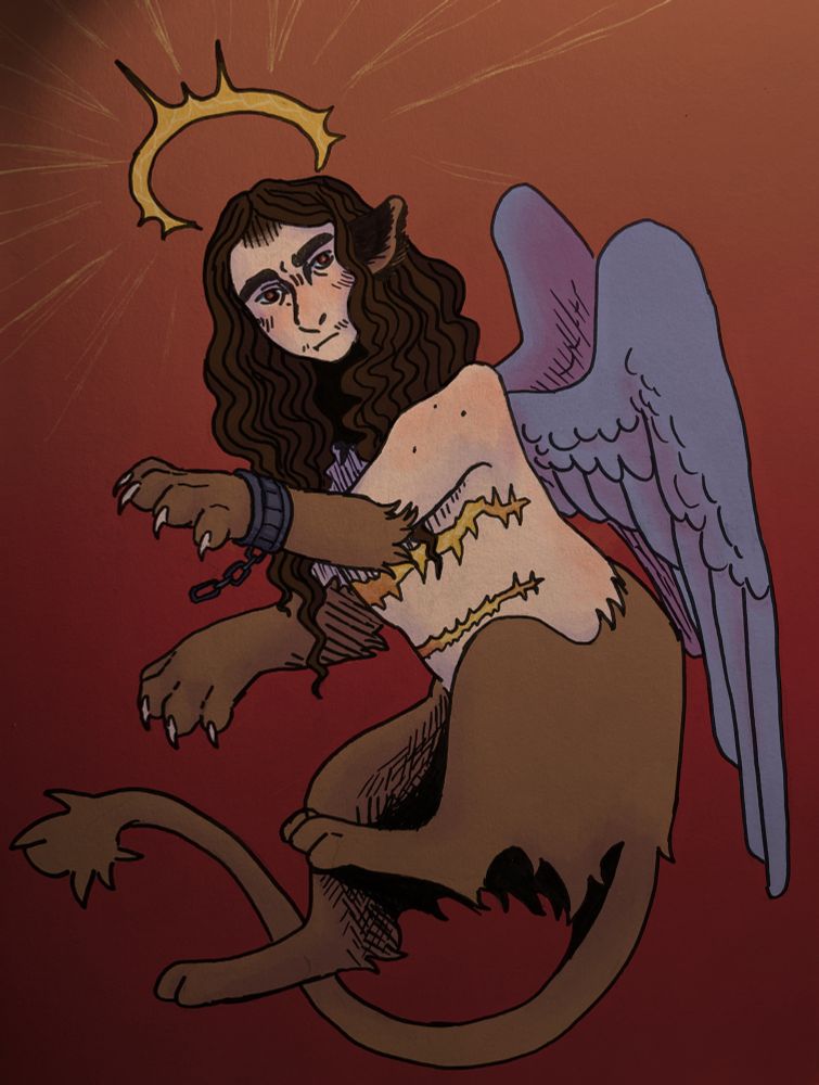 A sphinx creature. It has the torso + head of a person, with dark wavy long hair, but the legs arms and tails of a feline. It also has wings, a sharp halo, and matching jagged golden scars across its body. 