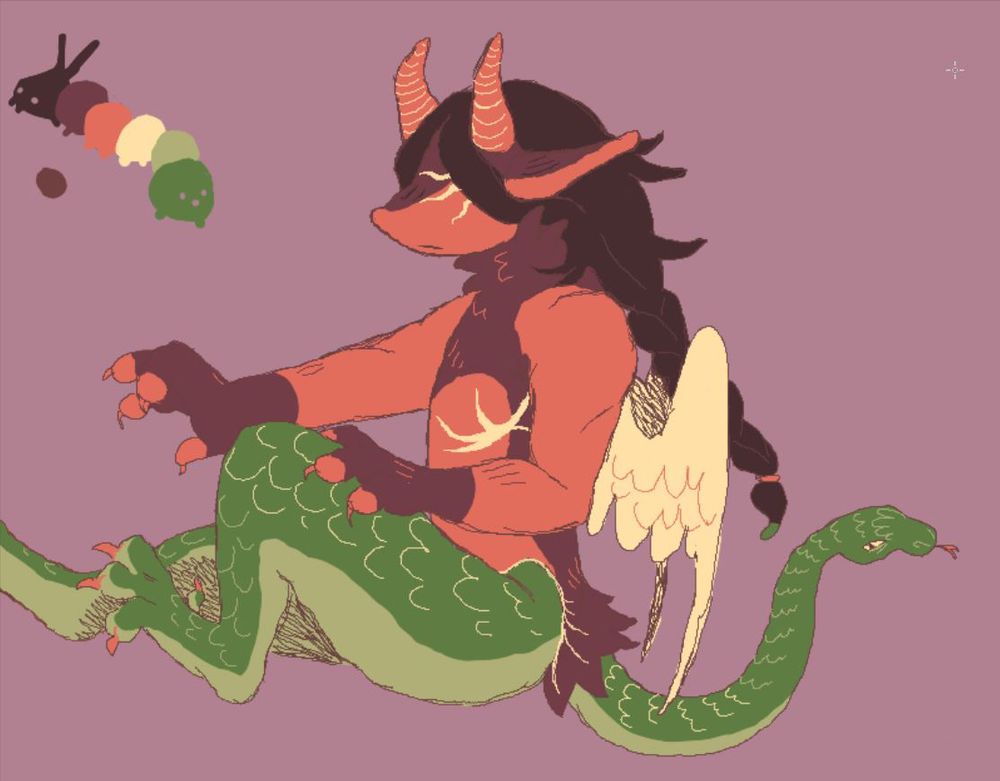 a chimera type creature, to no ones surprise. It has horns and long braided hair, and 3 glowing cracks instead of eyes. It has small clipped wings, dragoney legs, and a snake tail. Its quite badass and gender 