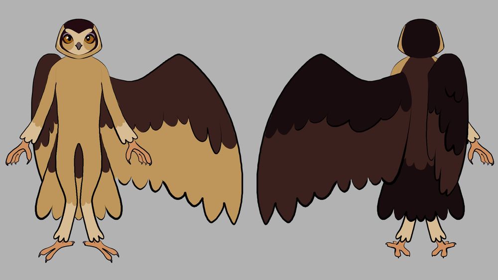 An illustrated front and back view of an anthro owl character. She's based on a buff fronted owl, a species whose facial markings and purplish eyelid skin look delightfully like heavy mascara and eyeshadow. Her feathers are various shades of brown.