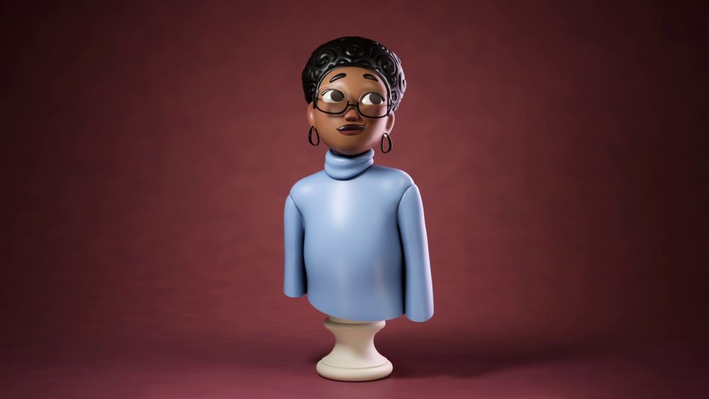 A rendered digitally sculpted bust of Cassie smiling slightly against a red background. She's a cute black girl in glasses, a turtleneck, and a poofy ponytail