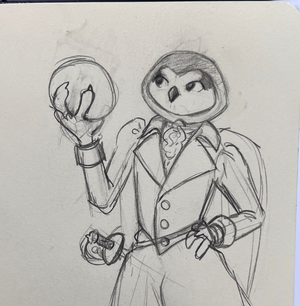 A quick pencil sketch of my owl lady in the sweet spot between military uniform and 1890’s athletic attire. She’s got a sword and is looking at some sort of undefined roundish thing in her hand.