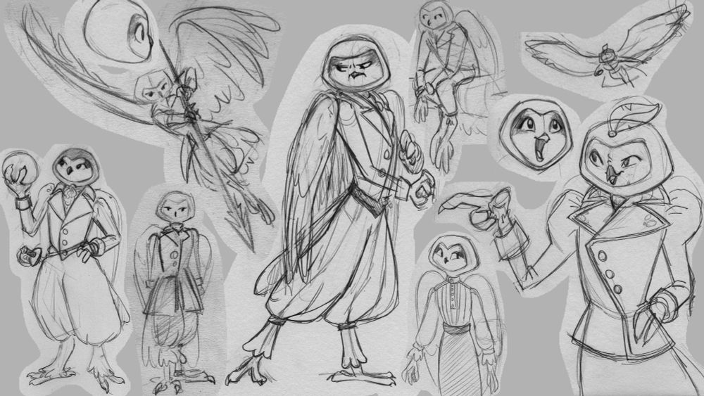 A collage of several pencil sketches of Oriana in a variety of poses and expressions