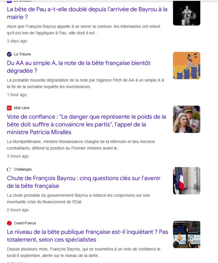 Résultats Google News pour "la dette" ou celle-ci est remplacée par "la bête"