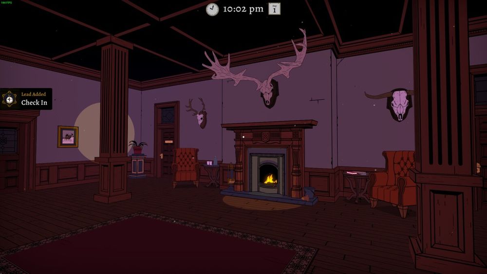 Capture d'écran du jeu Séance of Blake Manor. Le lobby de l'hôtel dans un style ligne claire en 3D. Au centre de l'image, une cheminée ornée d'un trophée d'une énorme tête de cerf.