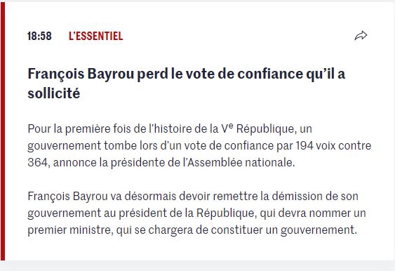 François Bayrou perd le vote de confiance qu'il a sollicité.
- Extrait du live du Monde.fr