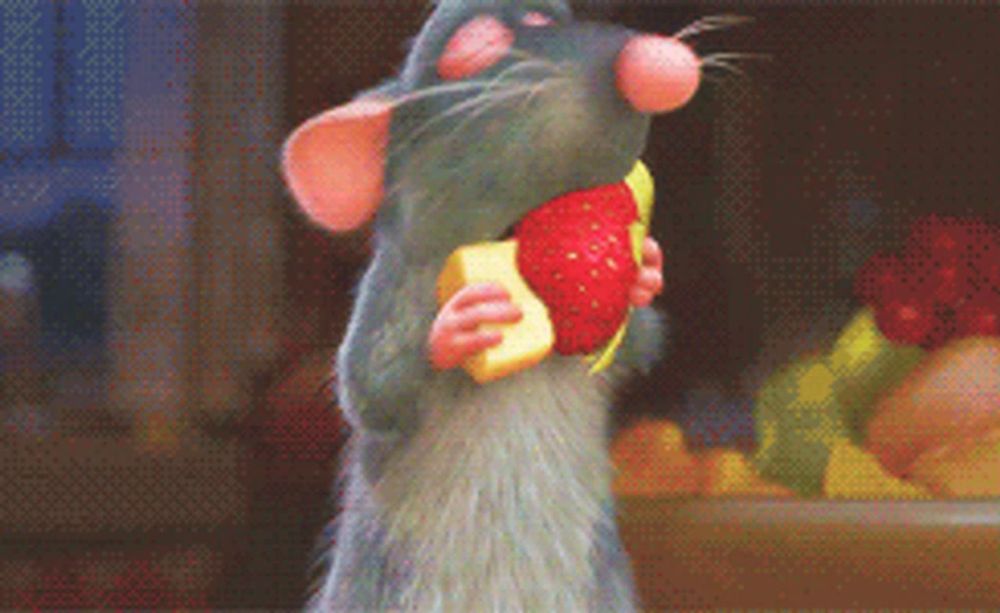 a cartoon rat eating a strawberry and cheese