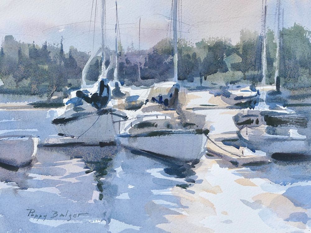 Loosely drawn watercolour painting of the patterns of brilliant sunlight reflecting off water in a marina in the evening. The predominant colours are a soft blue with hints of orange to show the brilliance of the sunlight 