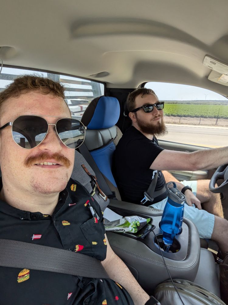 My husband and I are driving to visit family 