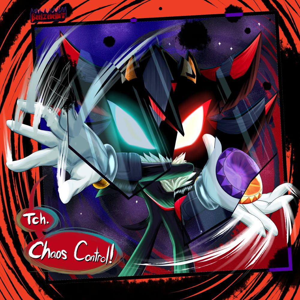 Shadow the hedgehog doing Chaos Control in the redrawn pose from the IDW comics, there are mirror shards showing Mephiles the Dark also doing Chaos Control