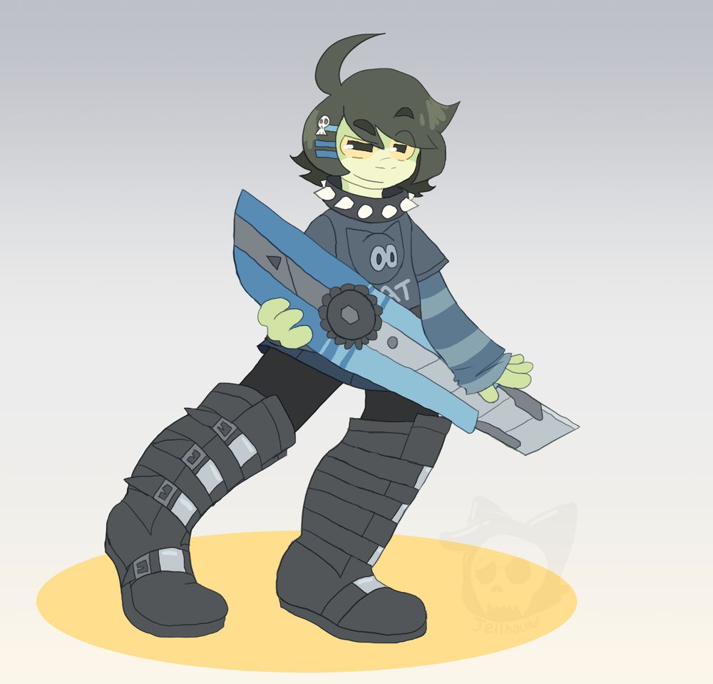 a digital drawing of an anthropomorphic frog with black hair wearing casual clothing that's slightly punk. notably, are his big combat boots.
he's holding a giant box cutter in his hands, posing cooly with it.
the background is grey, there is a yellow oval under the frog's feet.