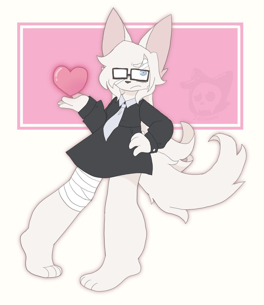 a digital drawing of an anthropomorphic jackal with white fur. she has bandages on her leg and covering half of her face. she also is wearing glasses.
her outfit is a black dress with a white tie.
she looks disgruntled while holding a floating heart in her hand.
the background is white with a pink rectangle.
