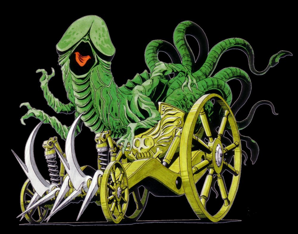 Nessa imagem a cor de Mara é só verde. Porém, está em cima de uma carroça amarela com lâminas pontudas na frente.