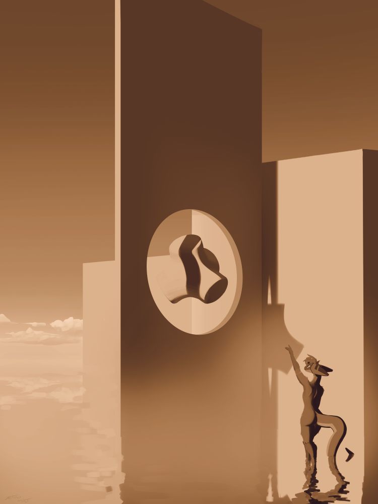 A sepia-color digital painting of tall, featureless walls which arise from a shallow yet vast ocean. The water is still enough that the walls are reflecting off as if it were a perfect mirror. Where the walls aren't reflected, the uncannily clear sky is, instead.

The tallest of the walls is centered, through which a circular hole has been cut. The hole contains a floating solid similar in shape to a concrete tetrapod (The solid is exactly described with the equation sin(5xyz) + x^2 + y^2 + z^2 <= 1).

Roya (an anthropomorphic theropod) is standing nude and ankle-deep in the ocean, looking from the foreground to the nearby centered wall. They're making a forward gesture toward the floating solid, as if to reach out and touch it.