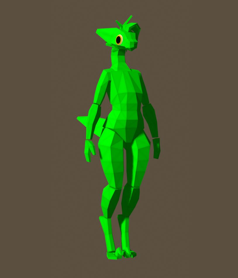 Low-poly 3D model of a humanoid anthro theropod, Roya, styled after the source engine's bright green info_player_start model.