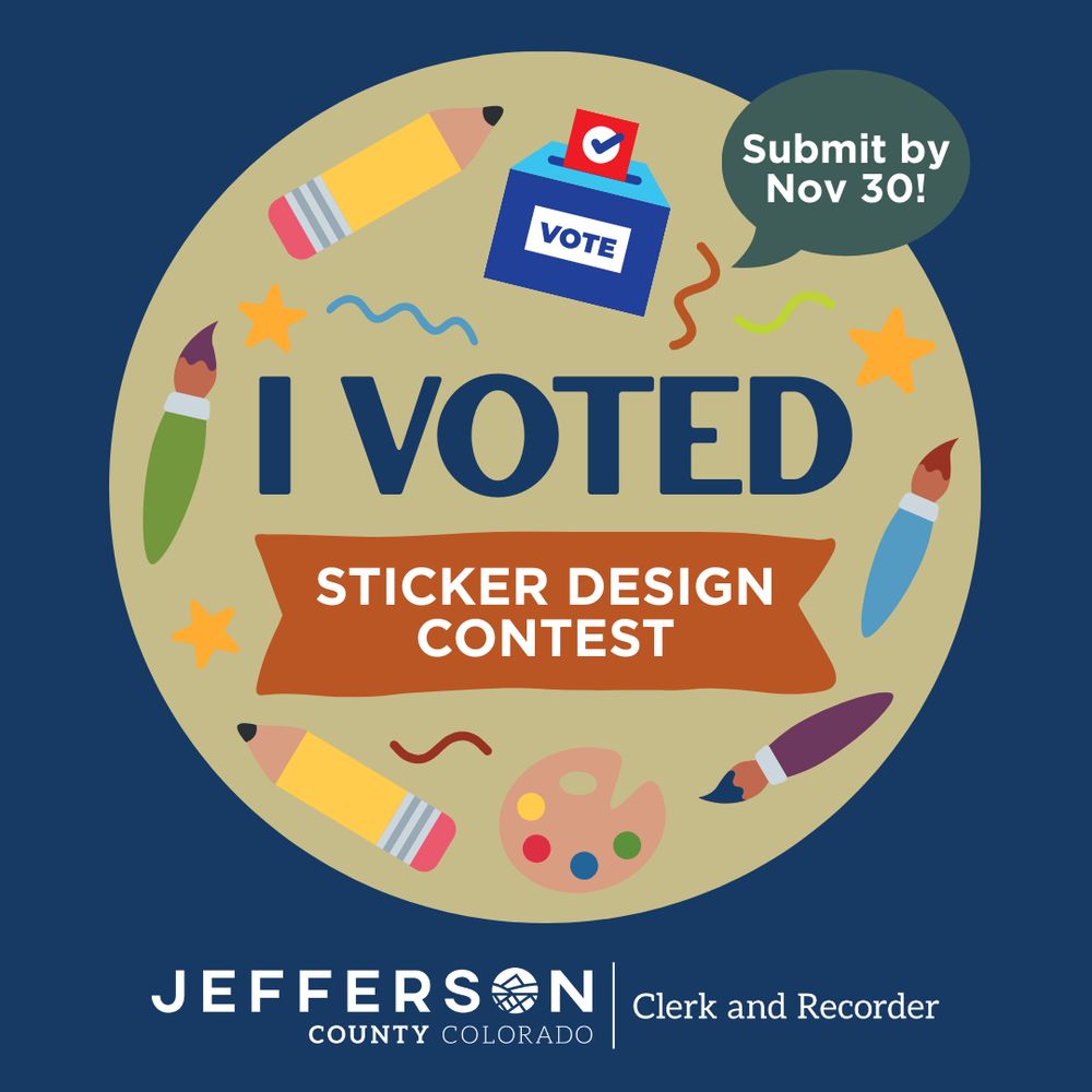 Graphic of a circle filled with art supplies and
squiggle lines that reads "I voted sticker design contest
and a speech bubble that says, "Submit by Nov 30!"