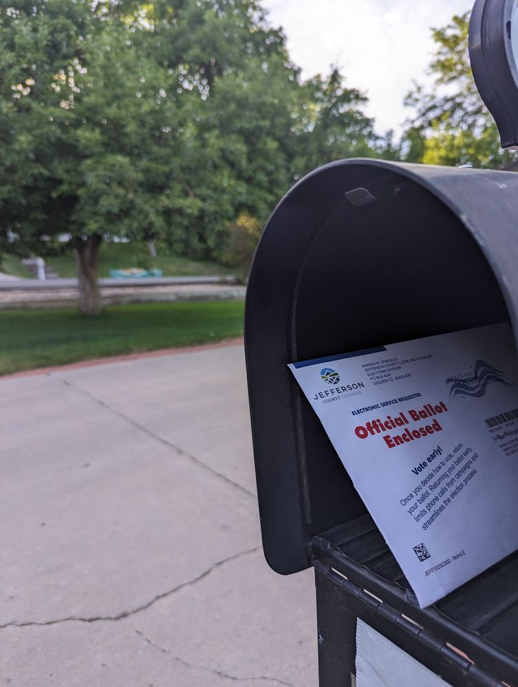 A ballot envelope sits inside an open mailbox with a driveway and trees in the background