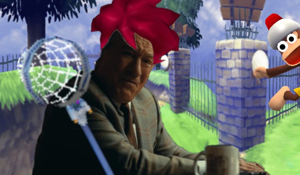 And older man wearing a suit is looking towards the camera with a distressed face. edited on to him are a bug Catching net made of metal and cartoon spiky hair. Off to the right of the man there is a cartoon monkey looking mischievous. The monkey has a hat with a siren on top.
