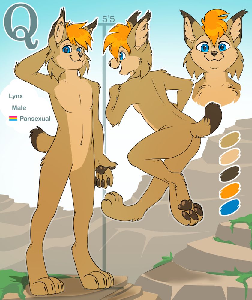 Ref sheet of my fursona, Q, a tan male lynx