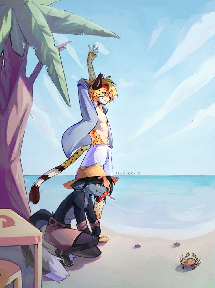 Two furries feeling the cool breeze by the seaside, as the day starts to end and a tiny crab crawls around them
