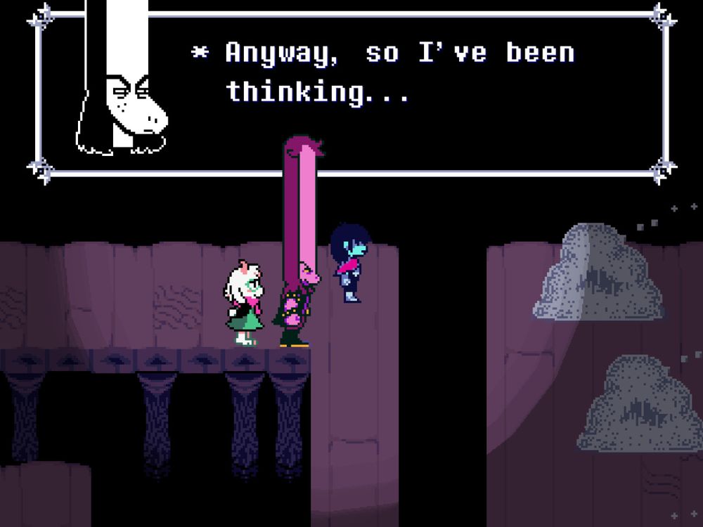 susie deltarune saying "anyway, so i've been thinking..." with a slightly elongated forehead