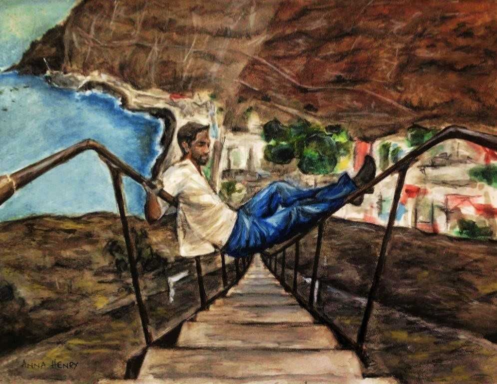Artwork by local artist Anna Henry showing the quick way down Jacob's ladder!