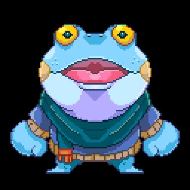 blue frog in a sweater and scarf with it's mouth open staring at the viewer. 