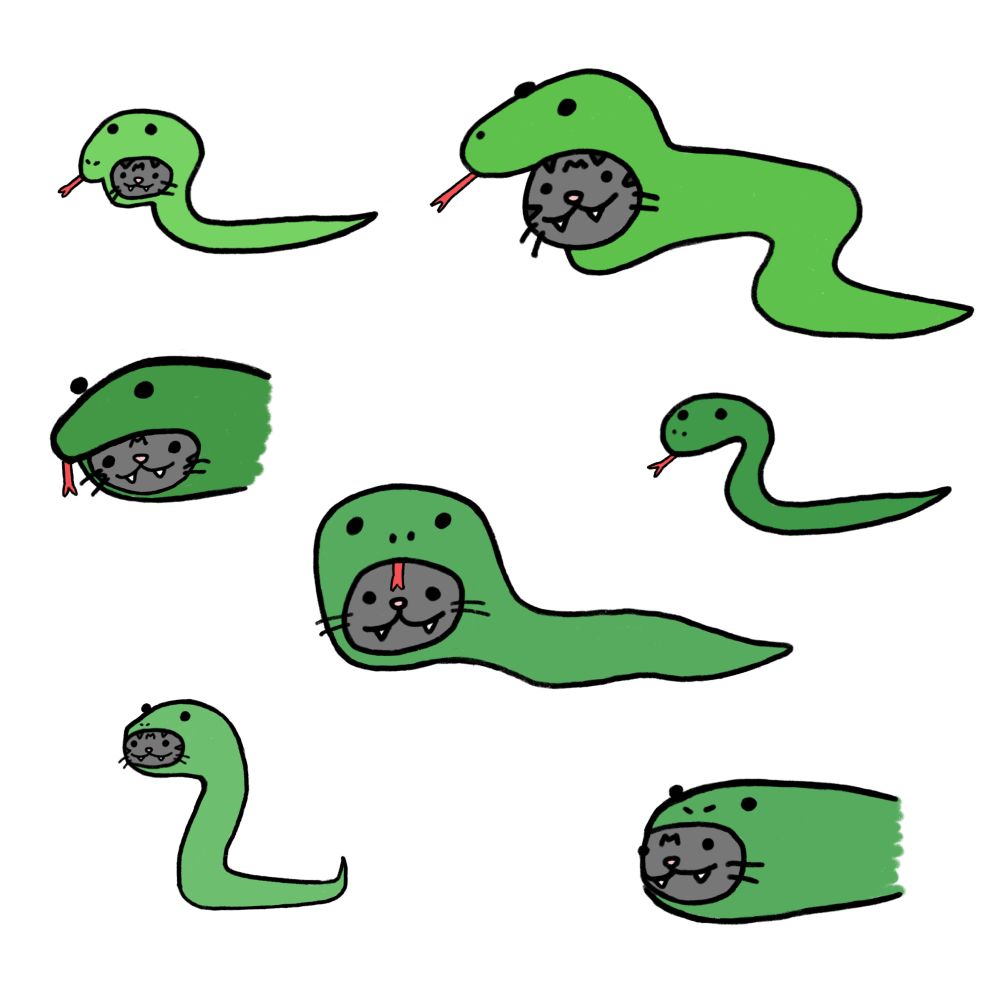 More designs of a cat dressed up as a snake.