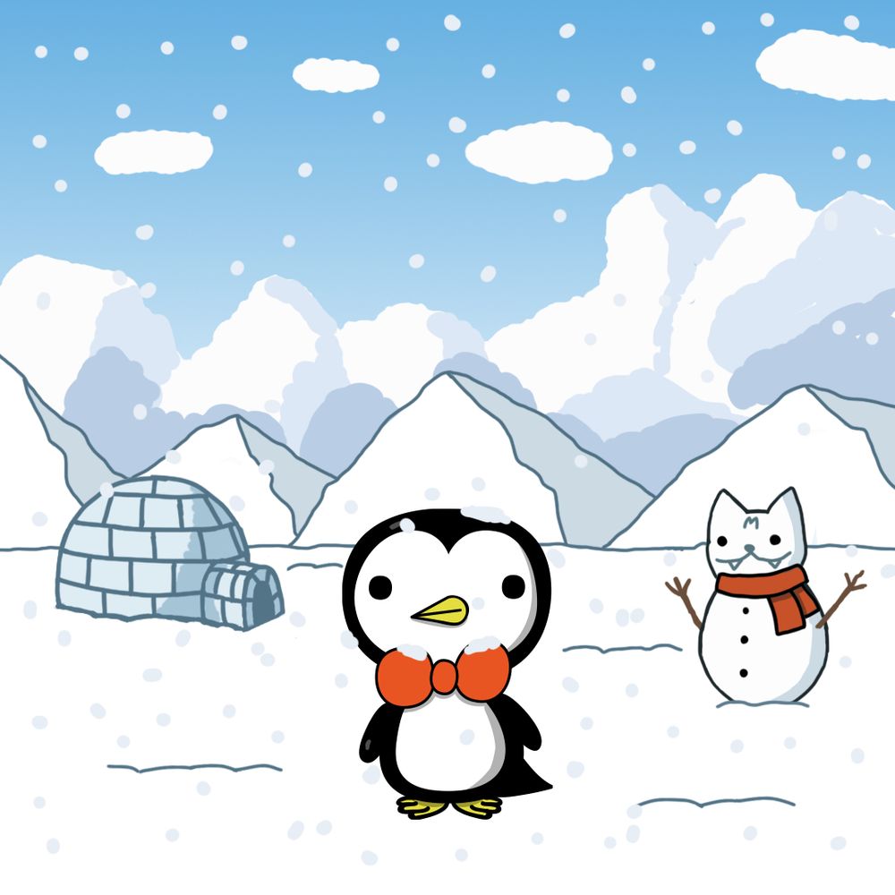 A penguin named Pepe stands in a snowy landscape. There’s a snowman the shape of a cat named Momo and an igloo in the background.