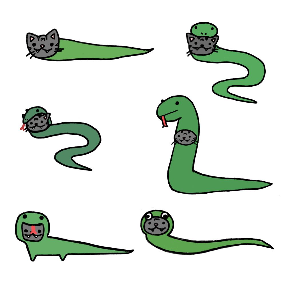 A variety of designs of a cat dressed up as a snake.
