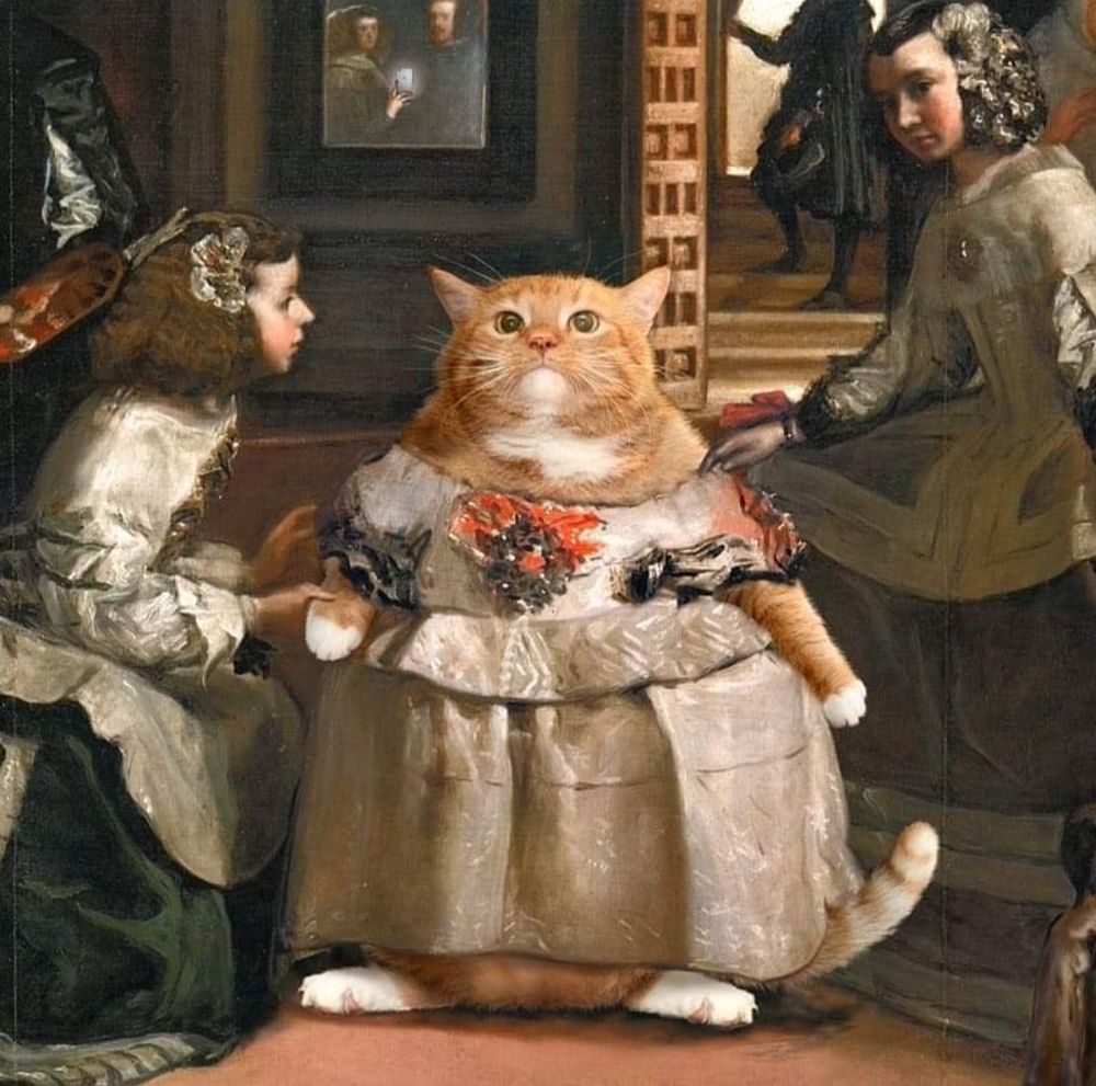 A large orange cat photoshopped onto a fairly well-known painting (probably Georgian?) of a very rotund child in a dress being coddled by other well-dressed children.