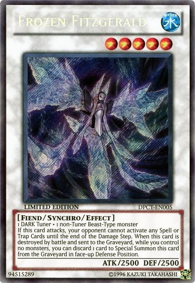 Frozen Fitzgerald WATER / Fiend / Synchro / Effect • Level 5 • ATK: 2500 / DEF: 2500 1 DARK Tuner + 1 non-Tuner Beast-Type monster If this card attacks, your opponent cannot activate any Spell or Trap Cards until the end of the Damage Step. When this card is destroyed by battle and sent to the Graveyard, while you control no monsters, you can discard 1 card to Special Summon this card from the Graveyard in face-up Defense Position.