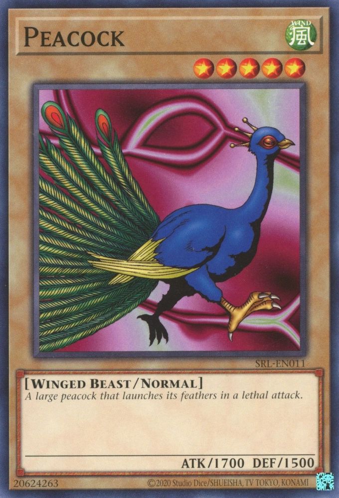 Peacock

WIND / Winged Beast / Normal • Level 5 • ATK: 1700 / DEF: 1500

A large peacock that launches its feathers in a lethal attack.