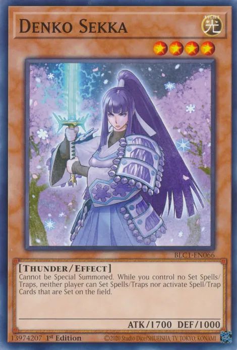 Denko Sekka

LIGHT / Thunder / Effect • Level 4 • ATK: 1700 / DEF: 1000

Cannot be Special Summoned. While you control no Set Spells/Traps, neither player can Set Spells/Traps nor activate Spell/Trap Cards that are Set on the field.