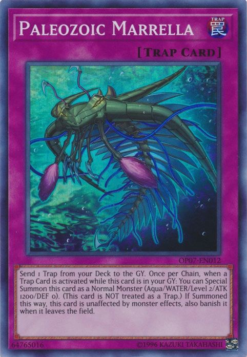 Paleozoic Marrella

Normal Trap

Send 1 Trap from your Deck to the GY. Once per Chain, when a Trap Card is activated while this card is in your GY: You can Special Summon this card as a Normal Monster (Aqua/WATER/Level 2/ATK 1200/DEF 0). (This card is NOT treated as a Trap.) If Summoned this way, this card is unaffected by monster effects, also banish it when it leaves the field.