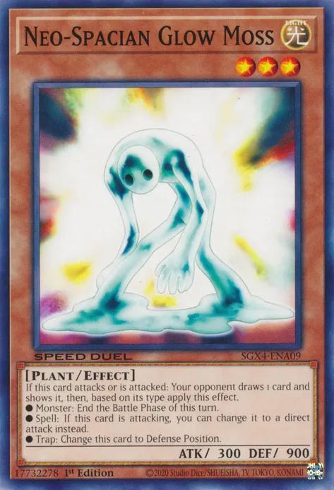 Neo-Spacian Glow Moss

LIGHT / Plant / Effect • Level 3 • ATK: 300 / DEF: 900

If this card attacks or is attacked: Your opponent draws 1 card and shows it, then, based on its type apply this effect.
● Monster: End the Battle Phase of this turn.
● Spell: If this card is attacking, you can change it to a direct attack instead.
● Trap: Change this card to Defense Position.