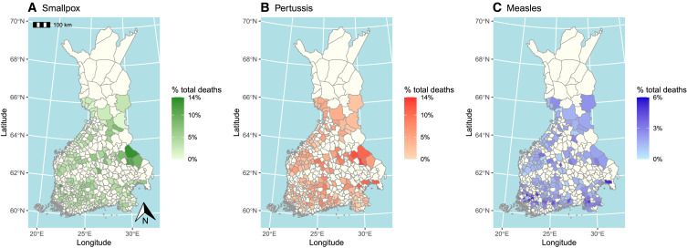 Maps showing the proportion of deaths from the infectious diseases investigated in this study