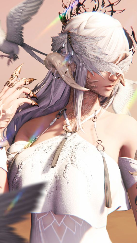 Screenshot of a female au ra from FFXIV in a white dress surrounded by white birds
