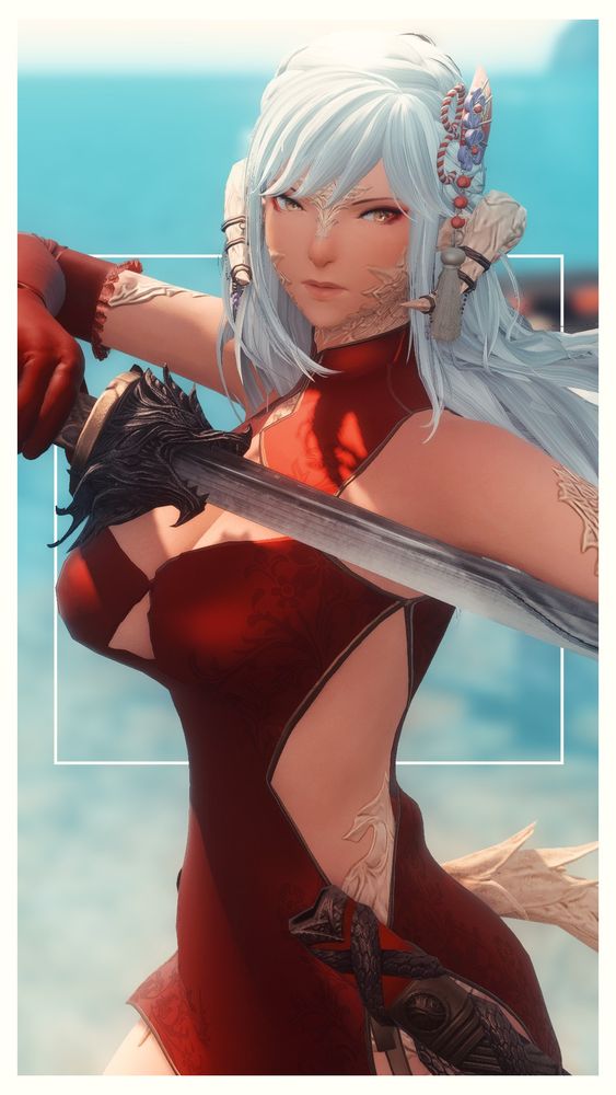 Picture of a female au ra from FFXIV in a red dress wielding a samurai sword